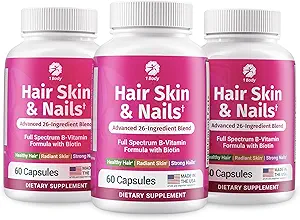 1 Body Hair Skin Nails Biotin ile Kompleksi - Erkekler ve Kadınlar için 26 Temel Vitaminle Tam Formula - 3 Pack