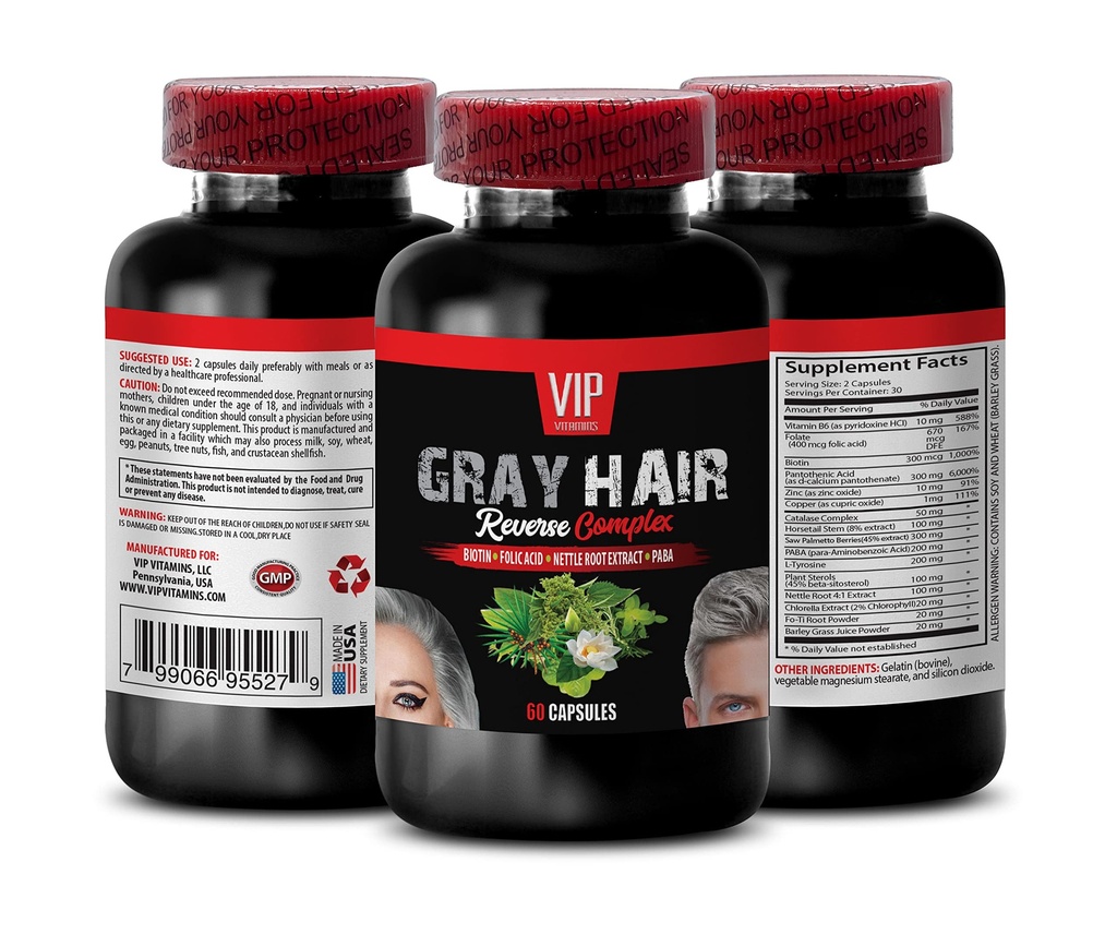 Gray hair reversal pills - GRAY HAIR REVERSE COMPLEX - Stinging Nettle Root, Biotin, Fo-Ti Root Powder, Barley Grass Juice Powder, Hair growth products, Anti gray hair supplement 1 Bottle 60 Capsules