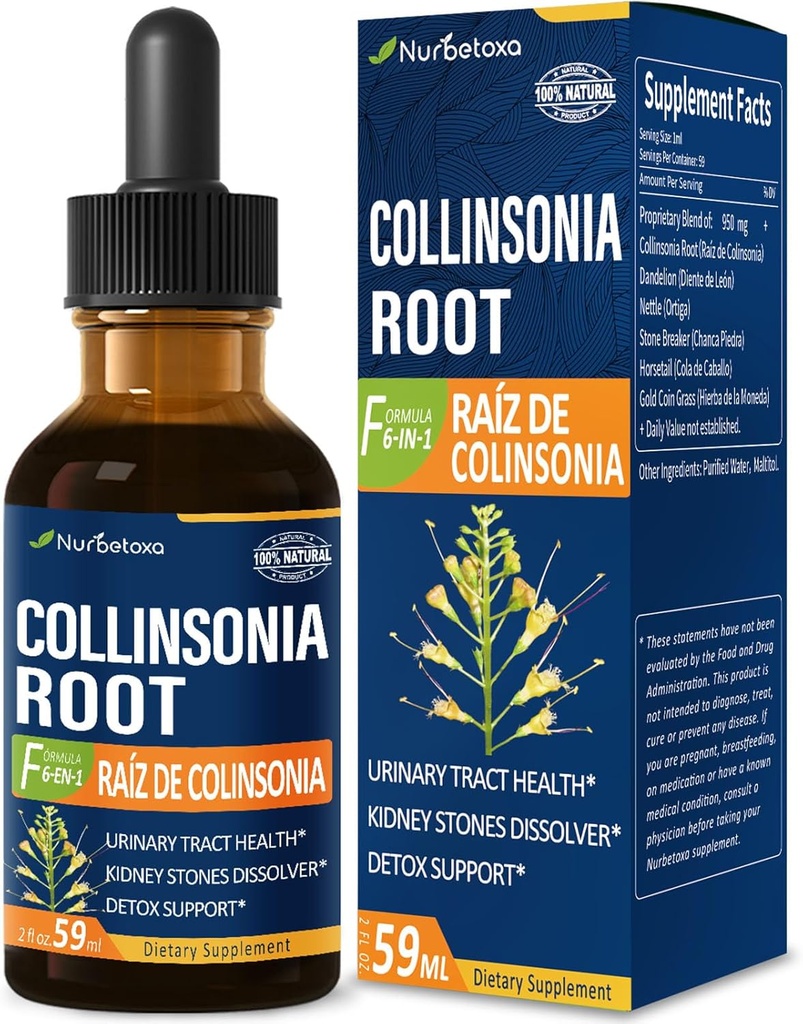 Collinsonia (Stone Root) Urinary Tract Health için damlalar, Natural Herbal Formula Supplement w/Stone Breaker Chanca Piedra Extract Support Kidney Stones Dissolver & Detox Cleanse. 2oz