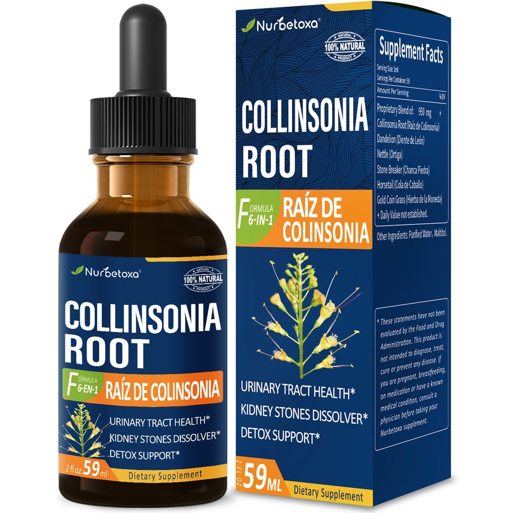 Collinsonia (Stone Root) Urinary Tract Health için damlalar, Natural Herbal Formula Supplement w/Stone Breaker Chanca Piedra Extract Support Kidney Stones Dissolver & Detox Cleanse. 2oz