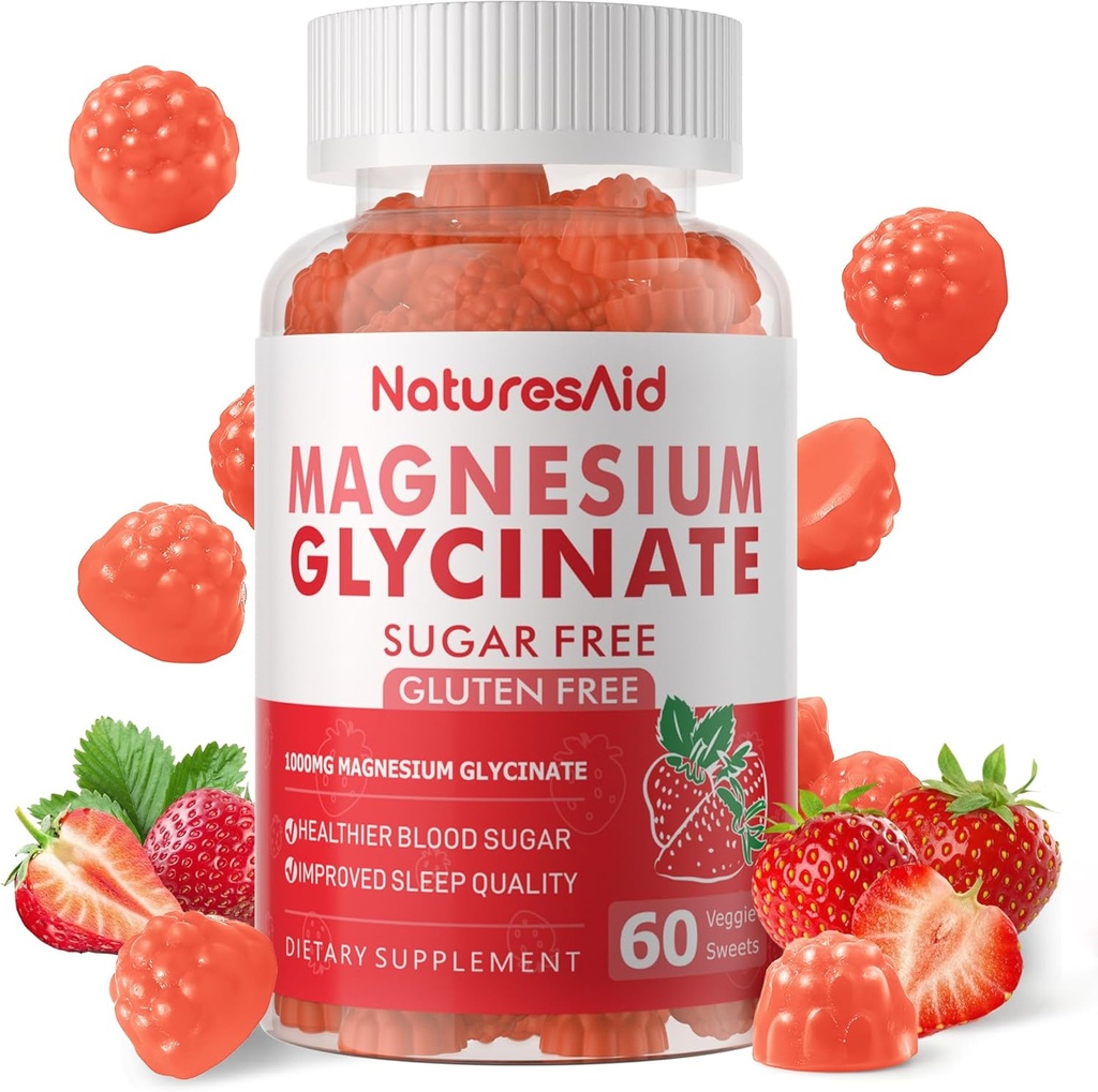 Magnezyum Glycinate Gummies 1000 mg - Sugar Free Magnezyum Pids Supplement with Vitamin D, B6, CoQ10 for Calm Mood & Sleep Support - 60 Strawberry Gummies -1 Pack