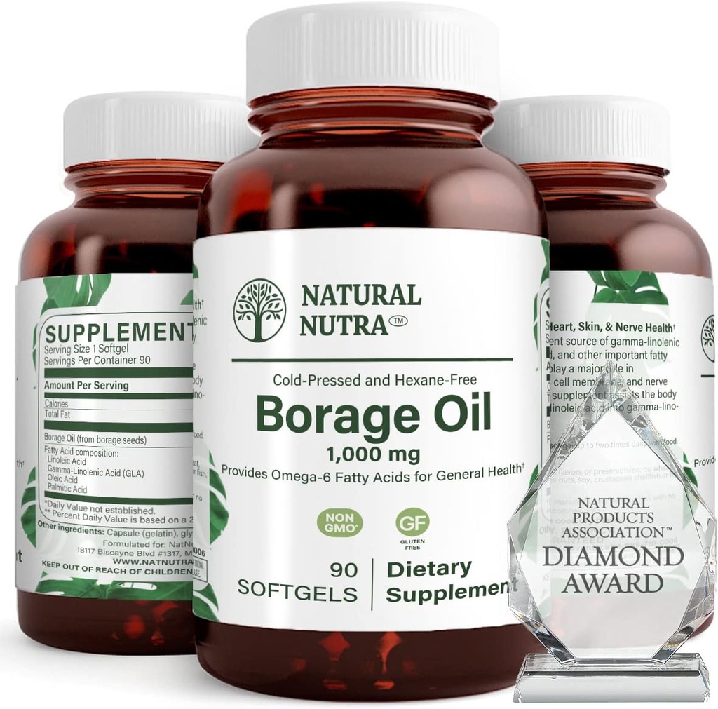 Φυσικό συμπλήρωμα λαδιού Borage – Πλούσιο σε γ-λινολενικό οξύ (GLA), ένα ισχυρό Omega-6 Απαραίτητο λιπαρό οξύ Γνωστό για την υποστήριξη του δέρματος, των νεύρων και της κοινής υγείας 90 Softgels.