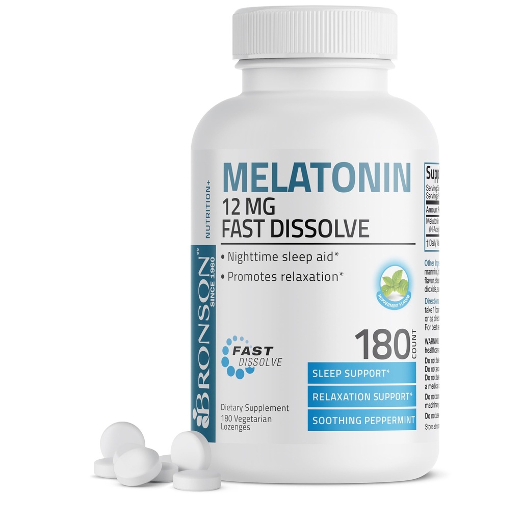 Bronson Melatonin 12 mg Fast Dissolve Nighttime Sleep Aid Support & Relaxation Support, 180 Peppermint Vegetarian Lozenges