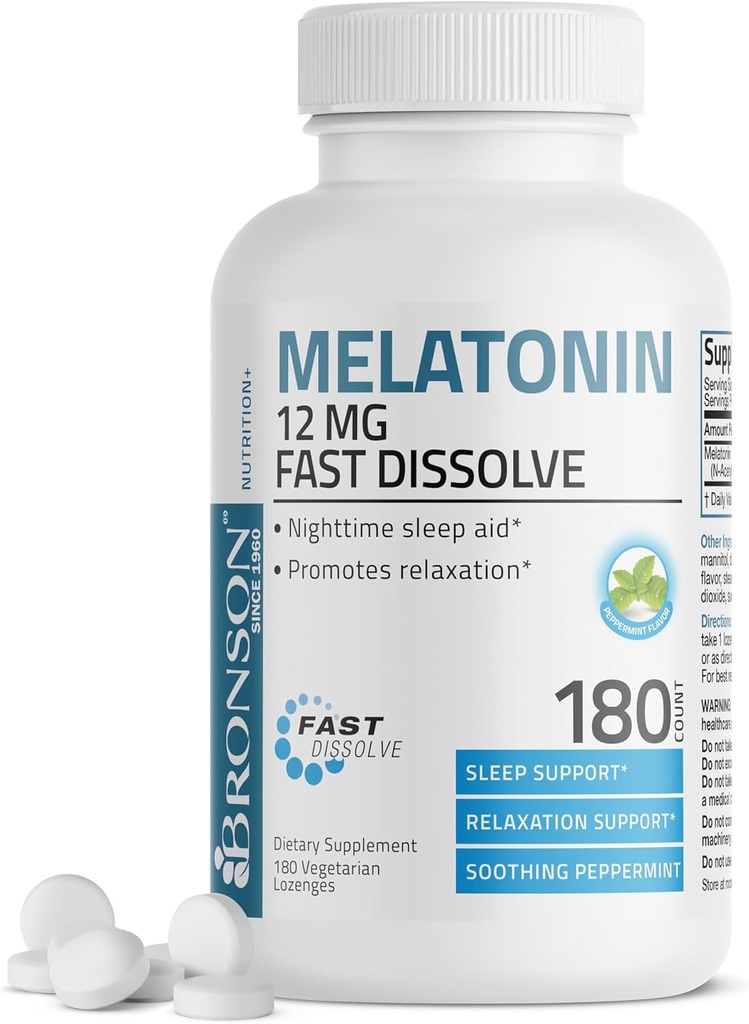 Bronson Melatonin 12 mg Fast Dissolve Nighttime Sleep Aid Support & Relaxation Support, 180 Peppermint Vegetarian Lozenges