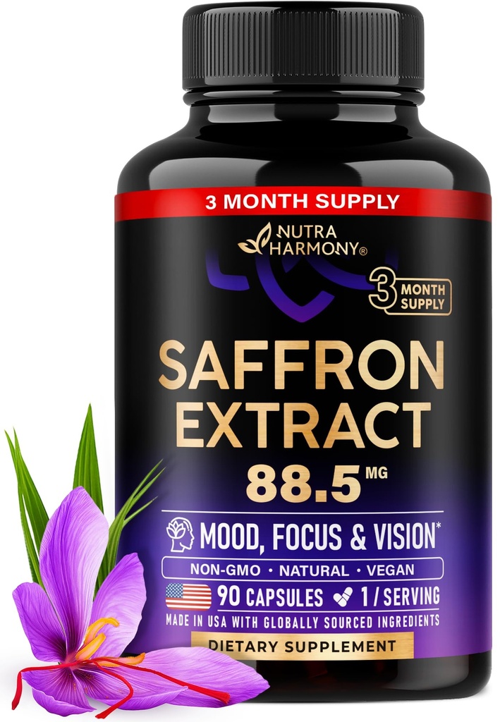 Doğal Saffron Supplements - Pure Saffron Ekstraksiyon 88.5 mg - ABD'de Yapılacak - Mood | Focus | Vizyon | Enerji Desteği - Kadın ve Erkekler için Göz Sağlığı - NonGMO Vegan Pills - 90 Toz Capsules, 3 Ay Supply