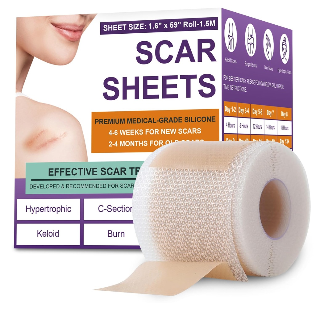 Silicone Scar Sheets,Silicone Scar Tape,Silicone Scar Removal Strips for Surgical,C-Section,Tummy Tuck,Keloid Scars (1.6"X 59" Roll-1.5M) Keloid Bump Removal