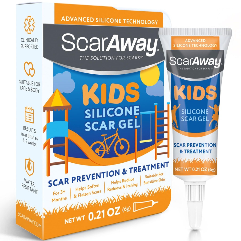 ScarAway Kids Silicone Scar Gel, 100% Medical-Grade, Helps Improve Size, Color & Texture of Hypertrophic & Keloid Scars on Face & Body from Injury, Burns & Surgery, Water Resistant, Clear, 6g
