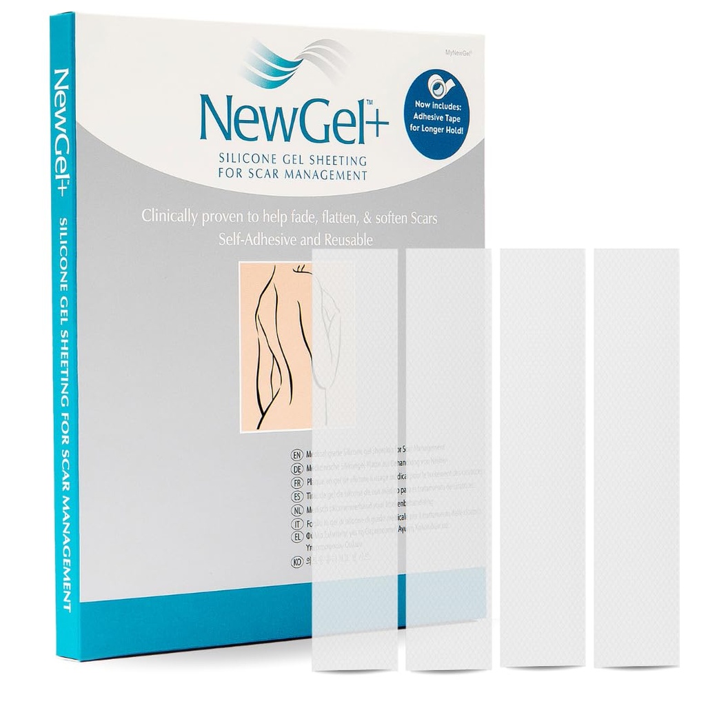 Advanced Silicone Scar Treatment Sheets for OLD, NEW Scars, Surgery, Keloids, C-Section, Burns, by NewGel Plus by MyNew Gel, 1" x 6" Sheet (4 Count) - CLEAR