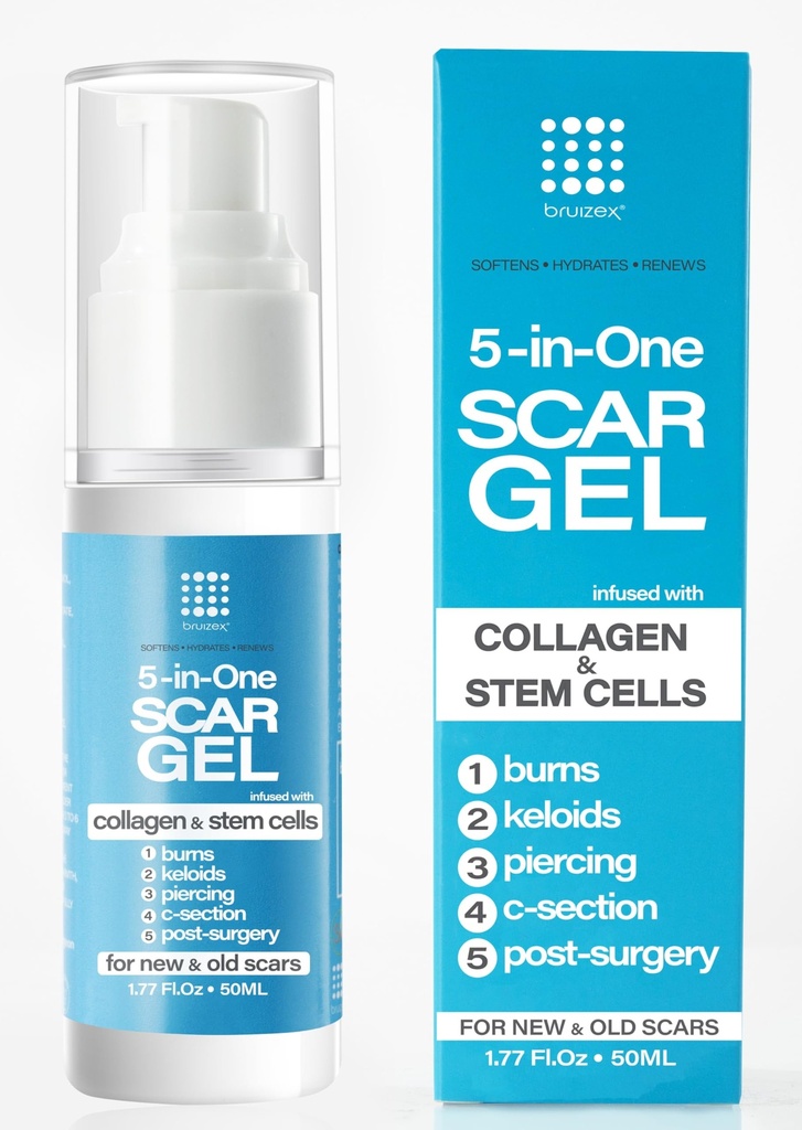 Bruizex 5-in-1 Scar Cream for Surgical Scars: Advance Silicone Gel with Collagen and Stem Cells, Keloid Scar Treatment, Removal of New and Old Scars, Piercing, Burns, C-section, After Surgery, 50g
