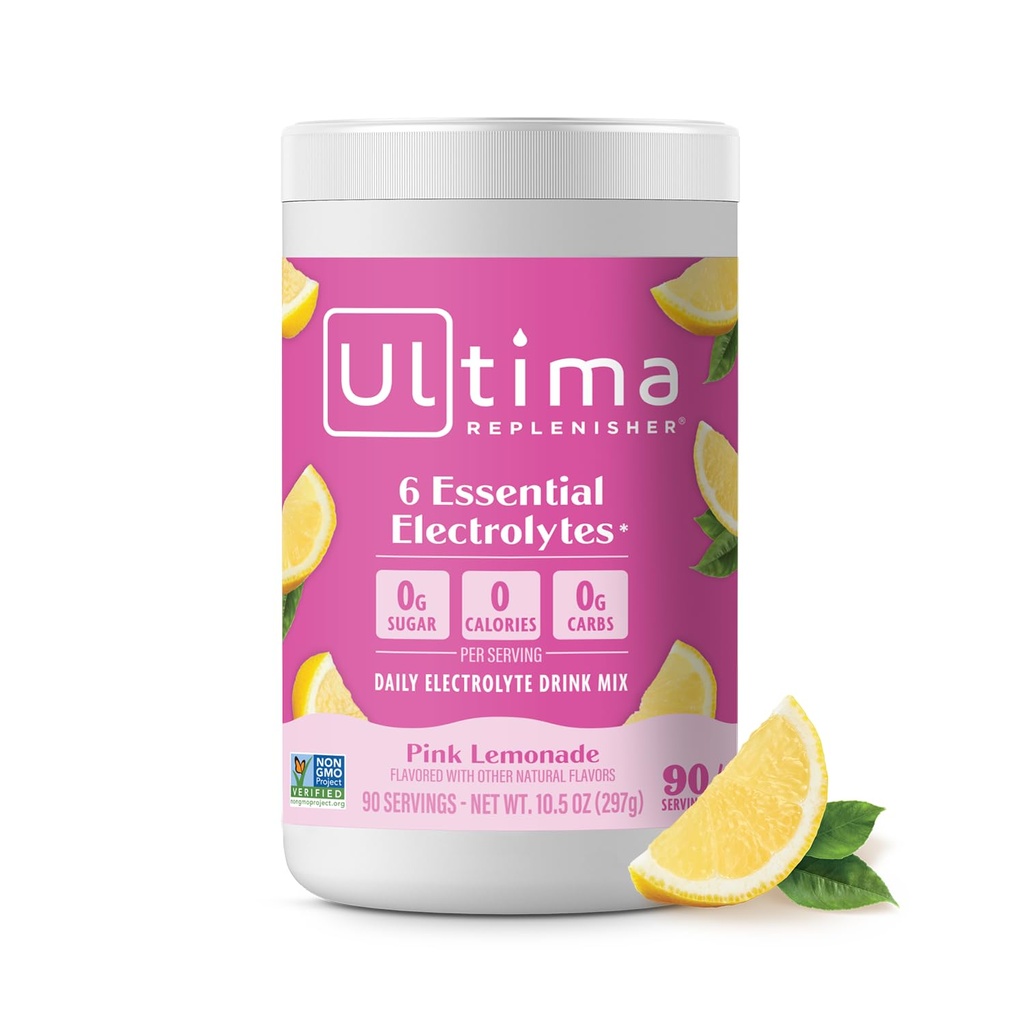 Ultima Replenisher Daily Electrolyte Powder Drink Mix – Sugar Free – Pink Lemonade, 90 Serving – Hydration Powder with 6 Key Electrolytes and Trace Minerals – Keto Friendly, Vegan, Non-GMO