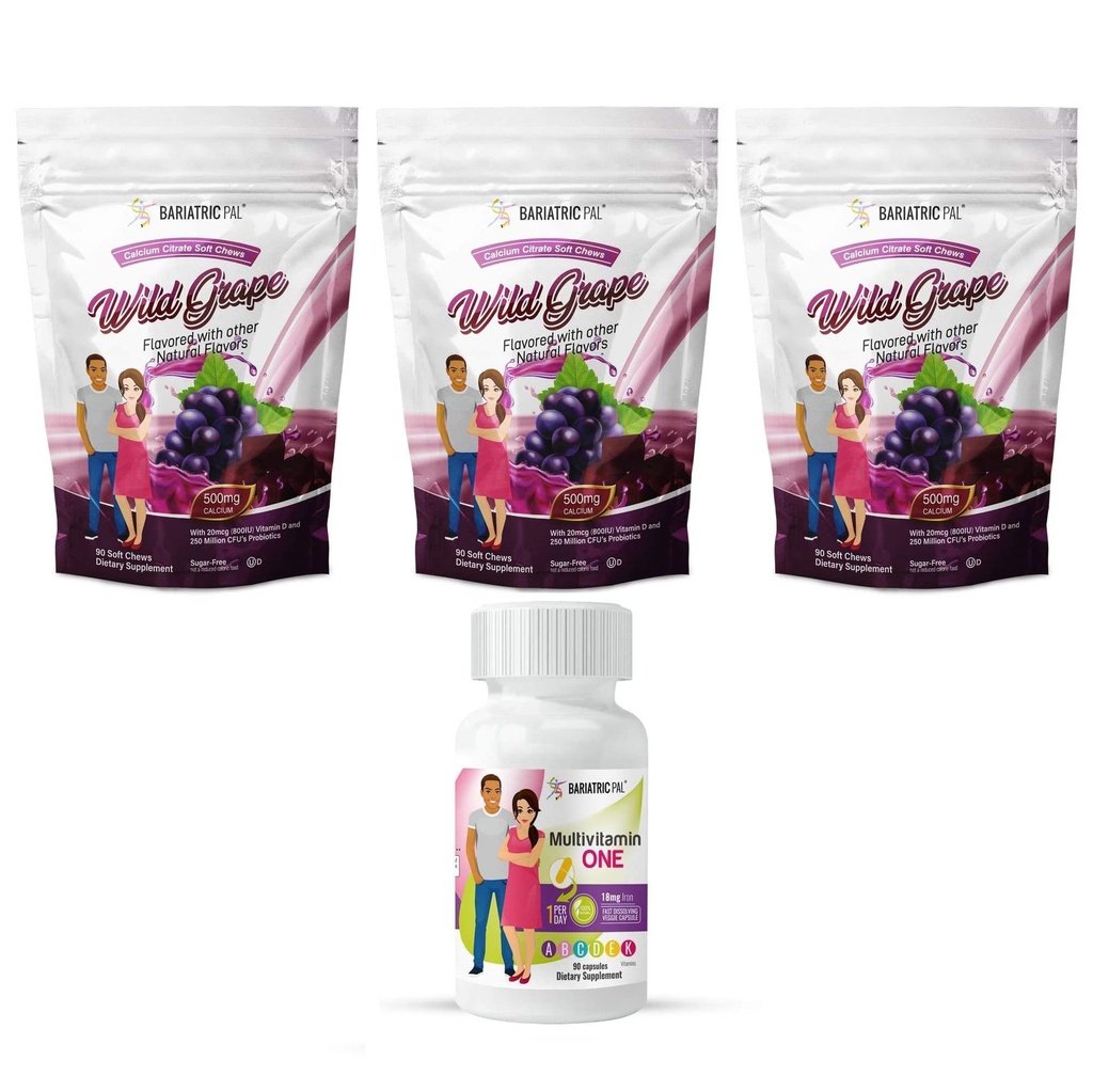 BariatricPal 90-Day Bariatric Vitamin Bundle (Multivitamin ONE 1 per Day! Capsule with 18mg Iron and Calcium Citrate Soft Chews 500mg with Probiotics - Wild Grape)