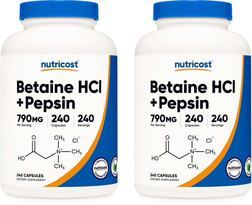 Nutricost Betaine HCl + Pepsin 790mg, 240 κάψουλες, 2 φιάλες (480 κάψουλες)
