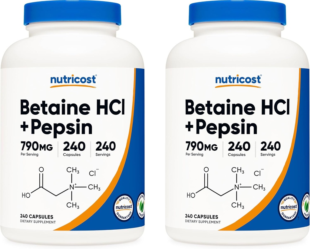 Nutricost Betaine HCl + Pepsin 790mg, 240 Capsules, 2 Şişes (480 Capsules)