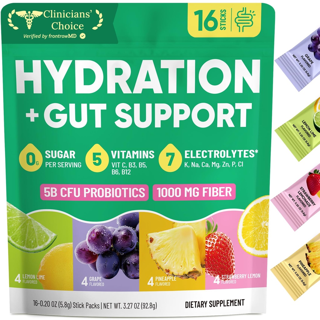 Venture Pal 2-in-1 Hydration Packets + Gut Health Electrolytes Powder - 7 Electrolytes & 5 Vitamins, Probiotics - Sugar Free Liquid Daily IV Drink Mix for Dehydration Relief | Non-GMO | 16 Sticks