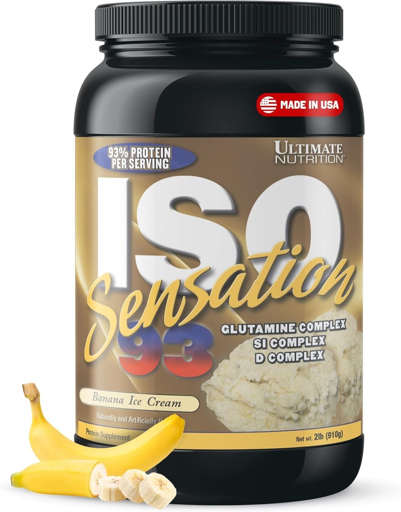 Ultimate Nutrition Whey Protein Isolate Toz Glutamine Kompleksi, ISO Sensation 93 - Whey Protein Tozu Gelişmiş Kurtarma için Eklenmiş Colostrum, Immunity & Gut Health - Banana, 2lbs