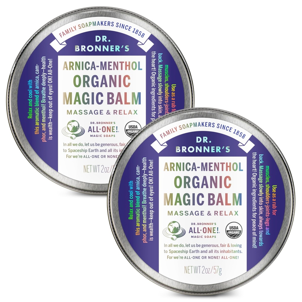 Dr. Bronner's - Organic Magic Balm - Arnica-Menthol, Made w/Organic Beeswax & Hemp Oil, Moisturizes & Soothes Hands, Face, & Body (2 oz, 2-Pack)