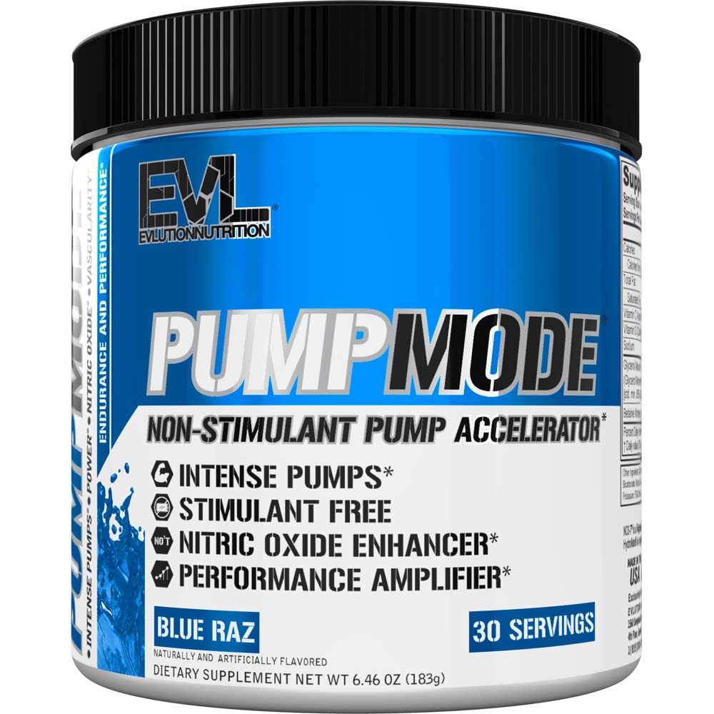 EVL PumpMode Nitric Oxide Supplement - Nitric Oxide Booster Pump Pre Workout Powder with Glycerol and Betaine for Muscle Recovery Growth and Endurance - Stim Free Pre Processing Drink (Blue Raz)