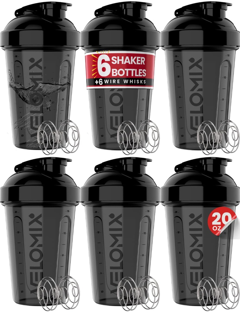 VELOMIX -6 PACK- 20 oz Protein Shaker Bottle for Protein Mixes - 6x Wire Whisk | Leak Proof Shaker Cups for Protein Shakes| Stackable Protein Shaker Bottle Pack | Dishwasher Safe (ALL IN BLACK)