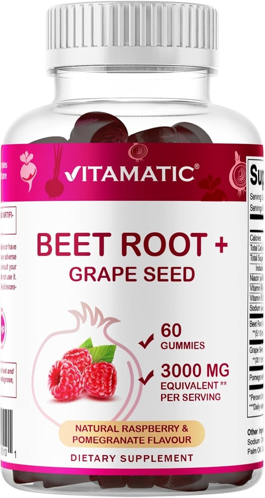 Vitamatic Beet Root Gummies - 3000mg Ισοδύναμο ανά Σερβίρισμα - 60 Gummies - Κατασκευασμένο με βιταμίνη Β6, Β12, Σπόροι σταφυλιού, Ρόδι & Νικοτιναμίδιο (πακέτο του 2)