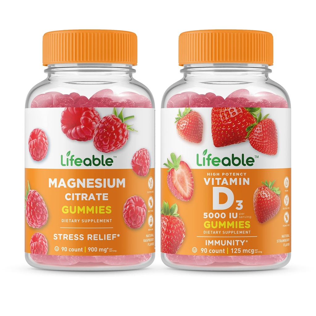 Lifeable Magnesium + Vitamin D 5000 IU, Gummies Bundle - Great Tasting, Vitamin Supplement, Gluten Free, GMO Free, Chewable Gummy