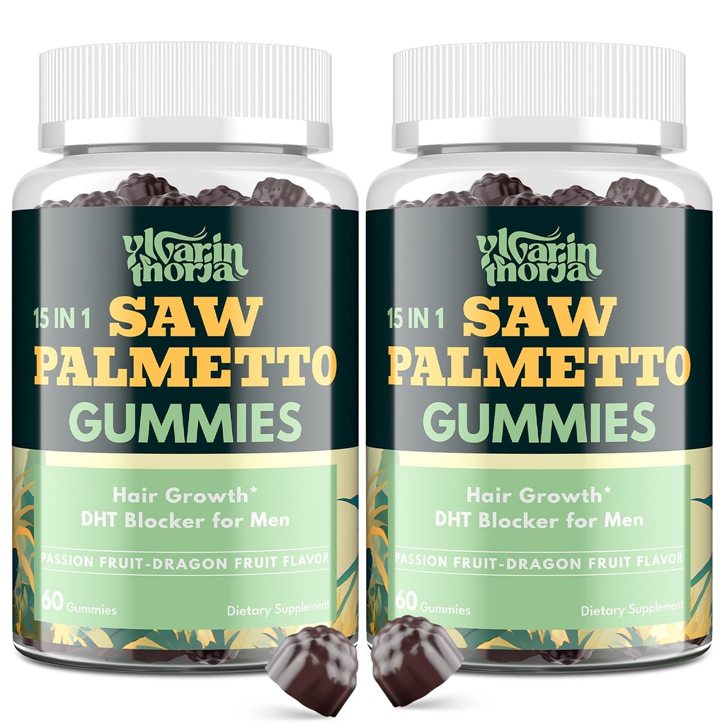 Saw Palmetto Gummies for Men – 600mg Extra Strength DHT Blocker with Biotin, Pumpkin Seed – Supports Prostate Function, Urinary Flow & Hair Regrowth Supplement, 60 Passionfruit-Dragonfruit Gummies