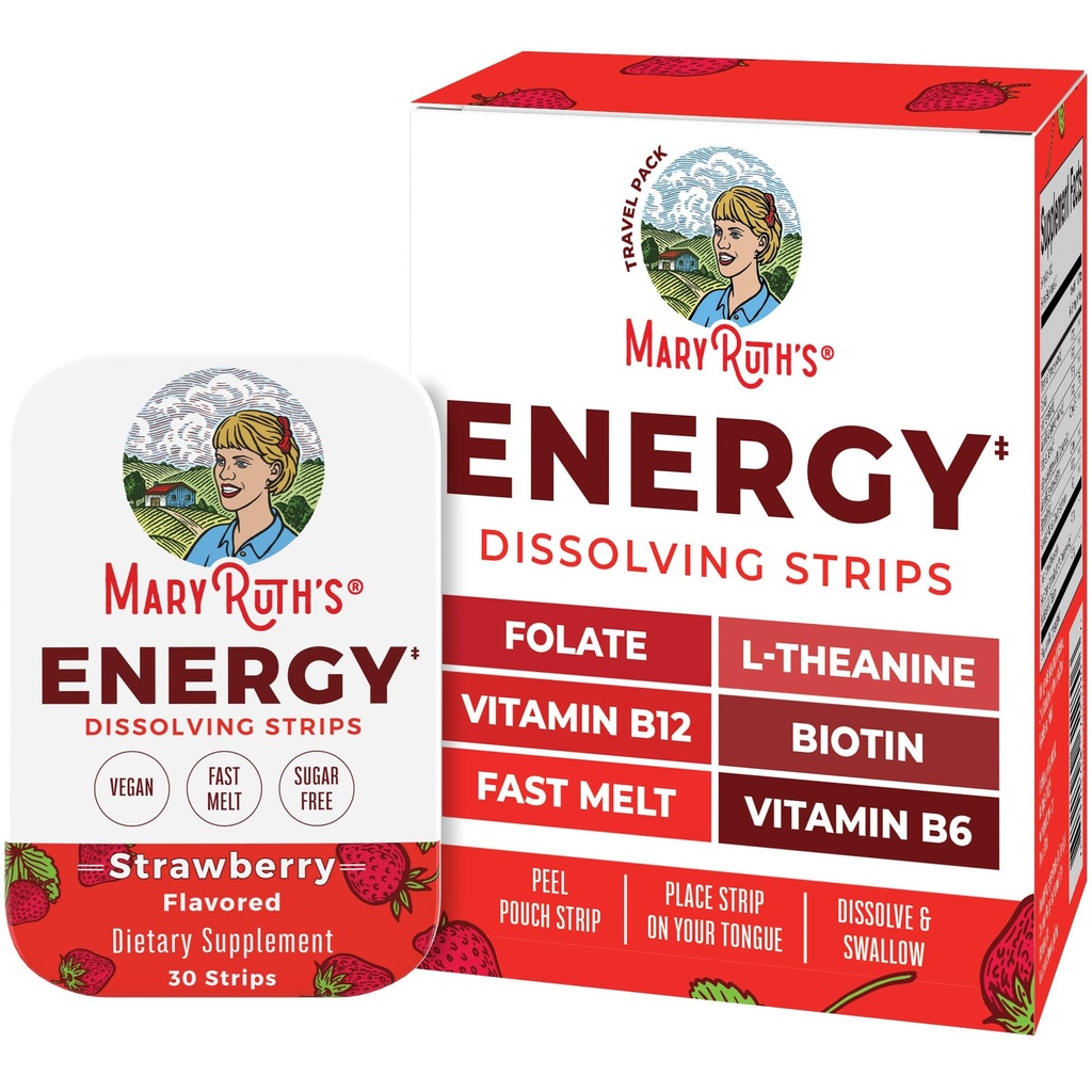 MaryRuth's Energy Dissolving Strips | B Vitamin Complex | Energy Metabolism | Vitamin B12 | Green Coffee Seed Extract | L Theanine | Strawberry Flavor | Vegan | Sugar Free | Gluten Free | 30 Count