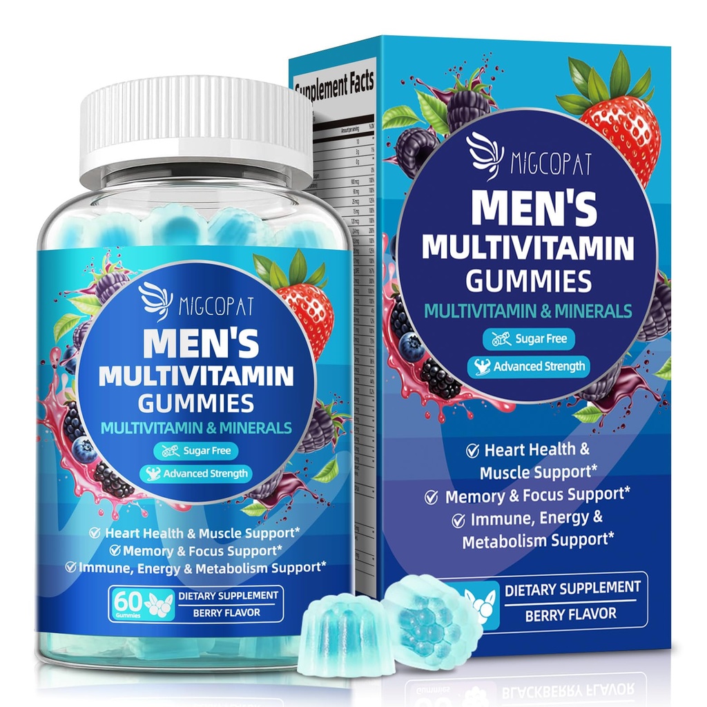 Migcopat Multivitamin for Men, Mens Multivitamins Gummies w/Omega-3, Probiotics, Inositol, Folate, Biotin, Zinc, Vitamins A, C, D, E, B, Support Heart, Brain, Muscle, Energy, Sugar-Free, Berry Flavor