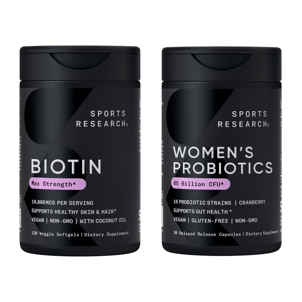 Sports Research® Beauty from Within Pack - Biotin 10,000mcg with Organic Coconut Oil + Daily Women's Probiotics 65 Billion CFU