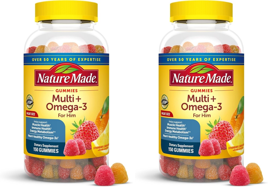 Nature Made Mens Multivitamin Gummies with Omega-3,Mens Gummy Multivitamins for Daily Nutritional Support,150 Gummy Vitamins and Minerals,75 Day Supply,(Pack of 2)