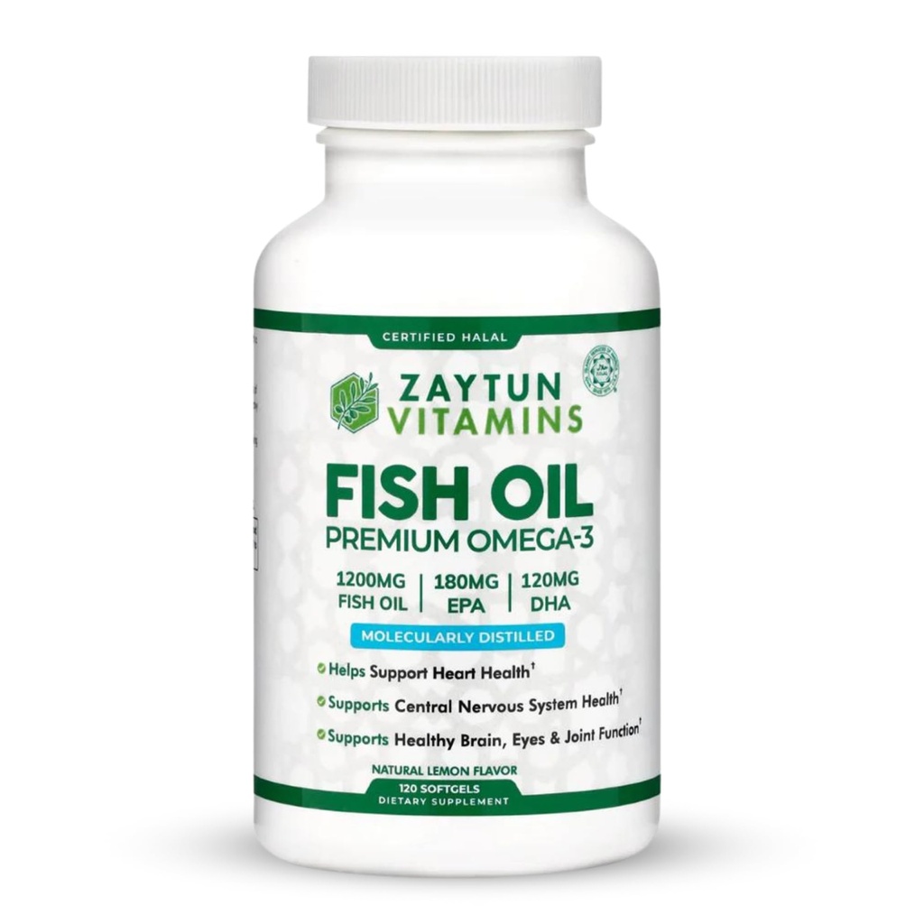 Zaytun Halal Fish Oil 1200mg Omega-3, Premium EPA/DHA, One Per Day, Daily Wellness Support, 4 Months Supply, Lemon Flavor, Keto Friendly, Gluten Free
