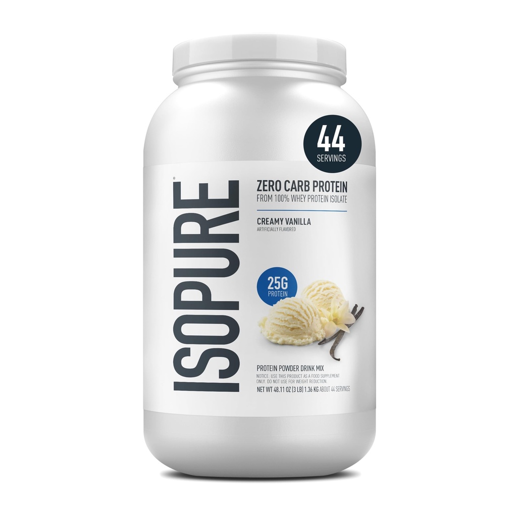 Isopure Zero Carb 100% Pure Whey Isolate Protein Powder, Gluten Free, with Vitamins, Creamy Vanilla, 25g Protein Per Serving, 3 Lbs, 44 Servings (Packaging May Vary)
