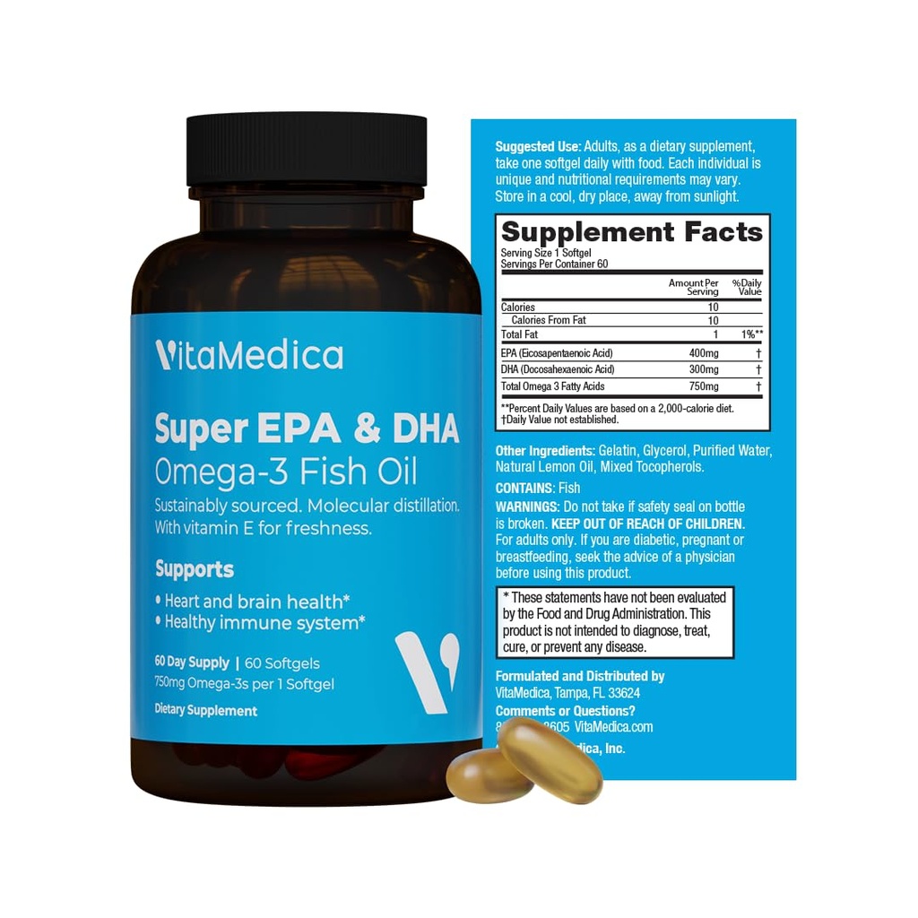 Yüksek kaliteli, Super EPA/DHA Fish Oil 750 mg of Essential Omega-3 Fatty Acids | EPA & DHA | Kalp Sağlığı, Beyin Sağlığı, Immune System Health,
