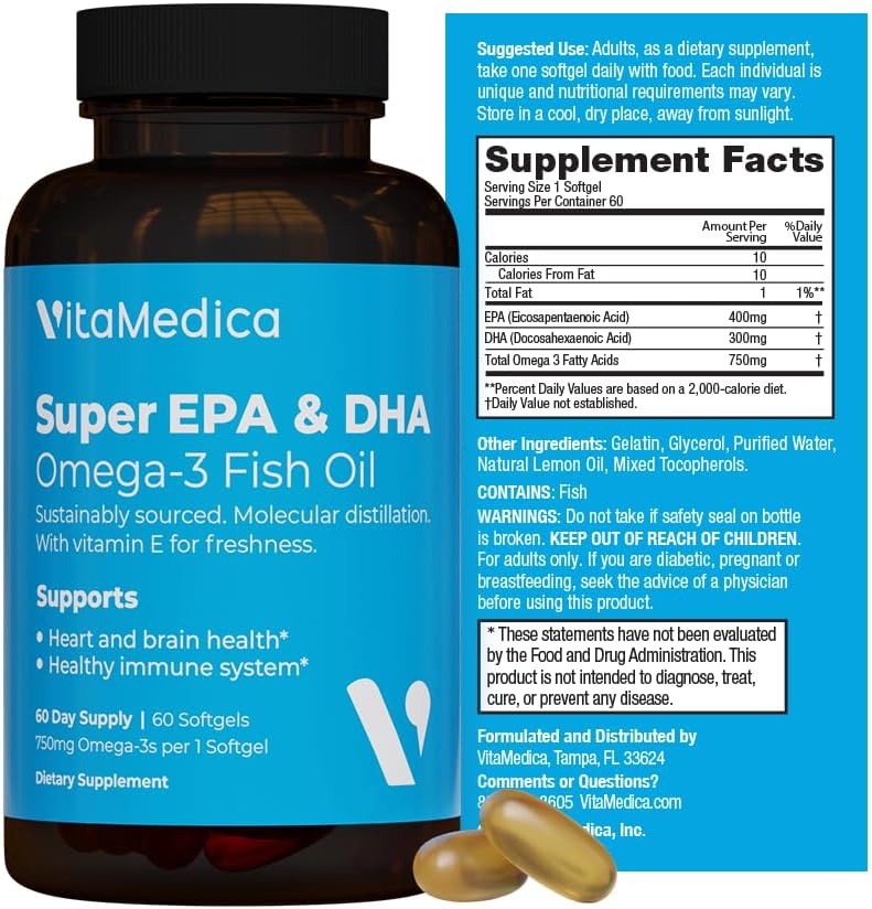 Yüksek kaliteli, Super EPA/DHA Fish Oil 750 mg of Essential Omega-3 Fatty Acids | EPA & DHA | Kalp Sağlığı, Beyin Sağlığı, Immune System Health,
