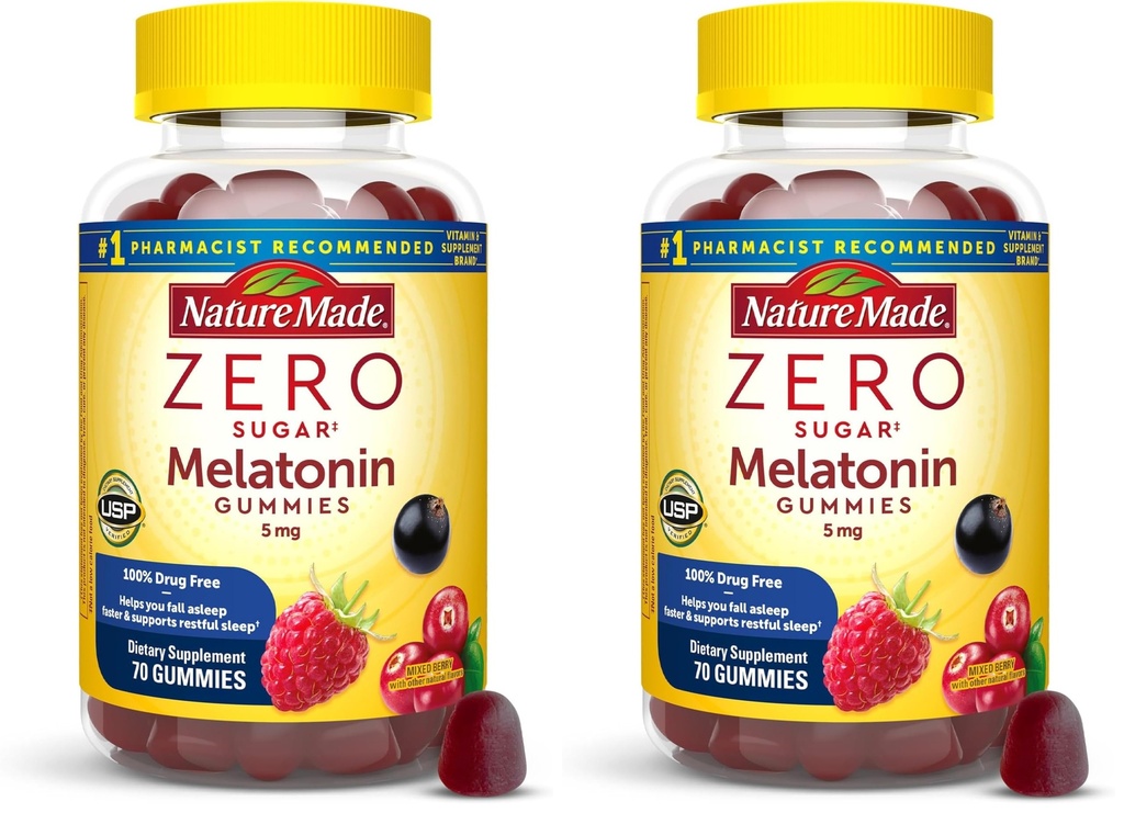 Nature Made Zero Sugar Melatonin 5mg Sleeping Gummies for Adults Extra Strength,100% Drug & Aspartame Free,70 Sugar-Free Melatonin Gummies,70 Day Supply,(Pack of 2)