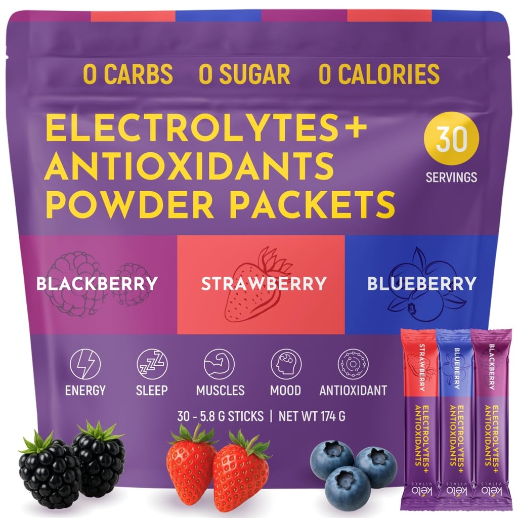 Keto Vitals Antioxidant Electrolytes Powder Packets No Sugar | Keto Friendly Electrolytes Travel Packets | Variety Stickpacks | Energy Drink Mix | Zero Calorie | Zero Carb (Berry Assorted, 30)