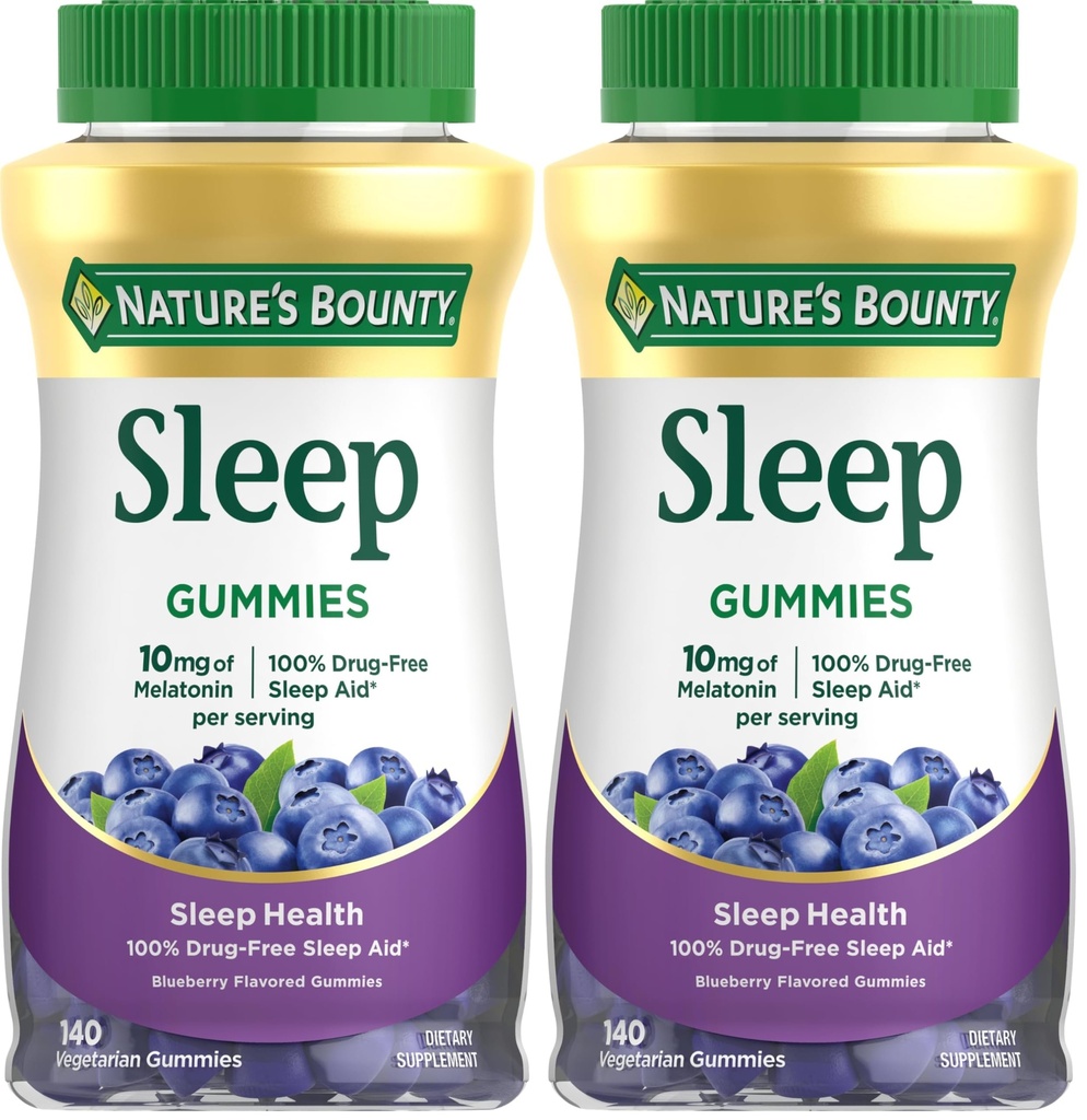 Nature's Bounty 10 mg Melatonin Gummy, 100% Drug Free Sleep Supplement, 10 mg, Blueberry, 140 Ct (Pack of 2)