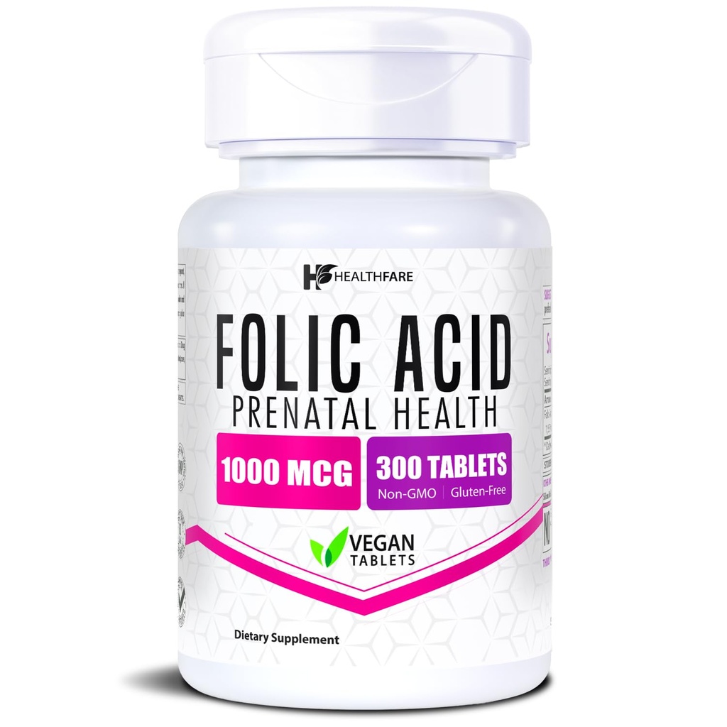 Healthfare Folic Acid 1000mcg | 300 Veg Tabletler | Vitamin B9 | Gluten-Free | Non-GMO | Made in USA