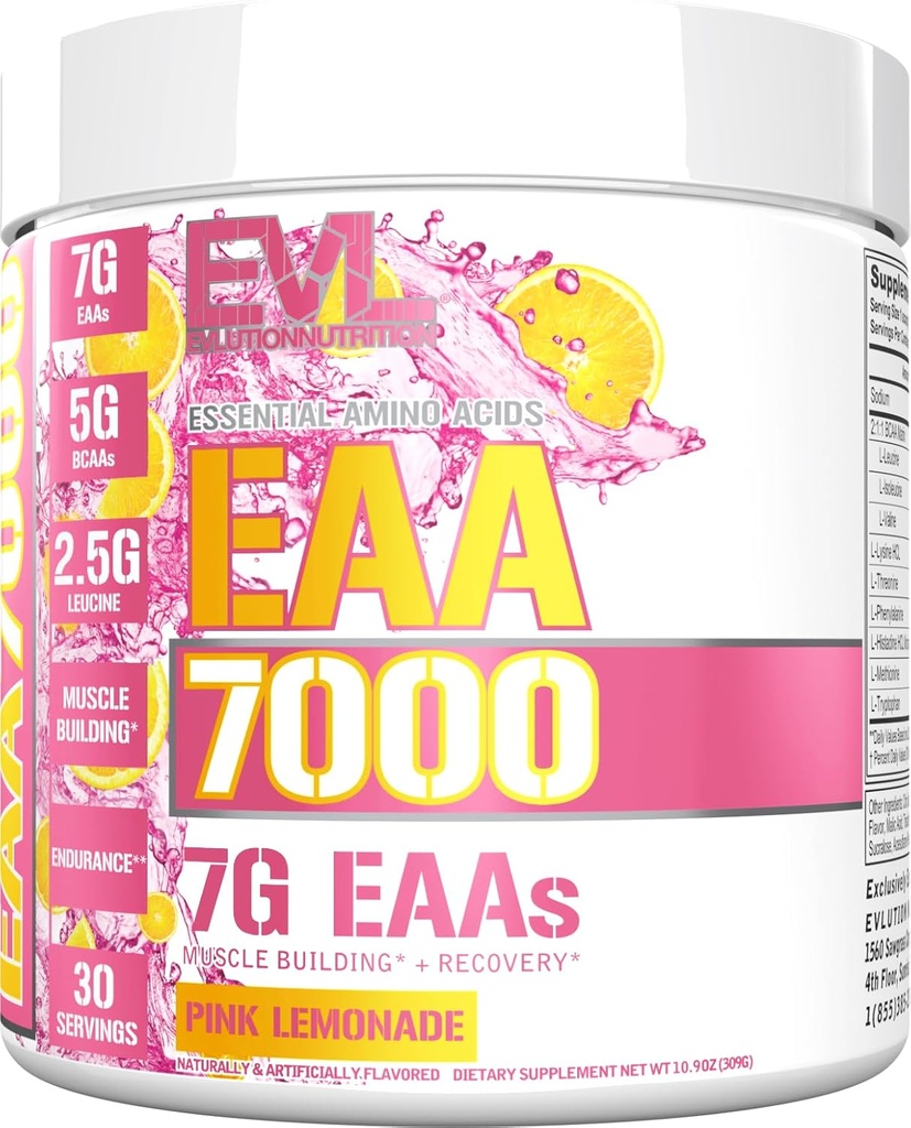 Evlution Beslenme EAA7000 - Pre & Post Workout Toz - Muscle Building + Recovery Supplement - 7g Essential replicas + 5g BCAAs - Endurance + Enerji Desteği - 30 Hizmet - Pink Lemonade
