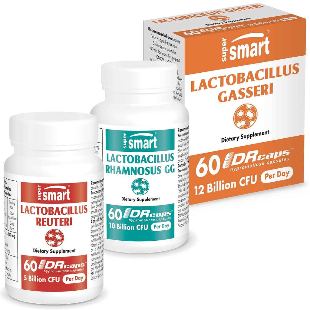 Supersmart - Lactobacillus Reuteri, Lactobacillus Gasseri, Lactobacillus Rhamnosus GG - Probiotic Strain Bundle | Non-GMO & Gluten Free - DR Capsules