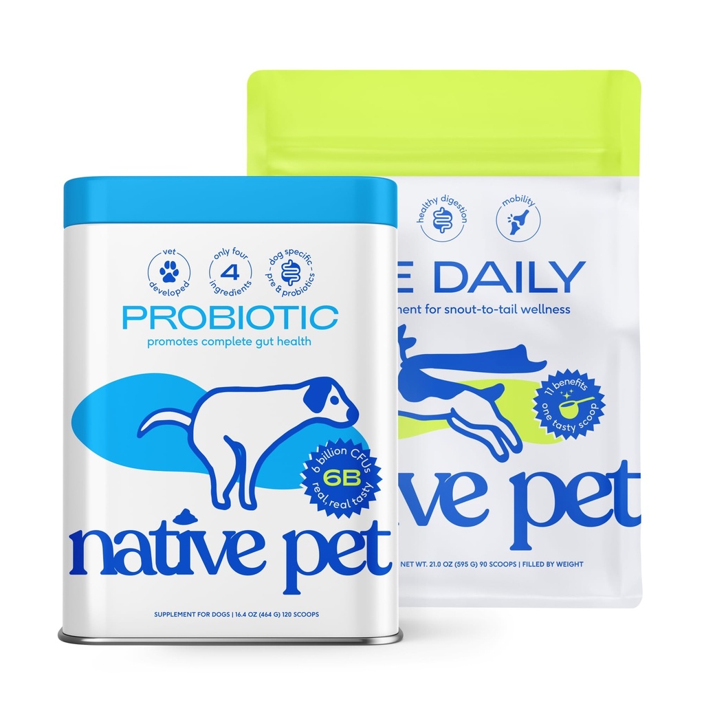 Native Pet The Daily Dog Vitamins & Supplements (90 Scoops) & Probiotic for Dogs (120 Scoops) - Vet Created Probiotic Powder for Digestive Issues & 11-in-1 Multivitamin