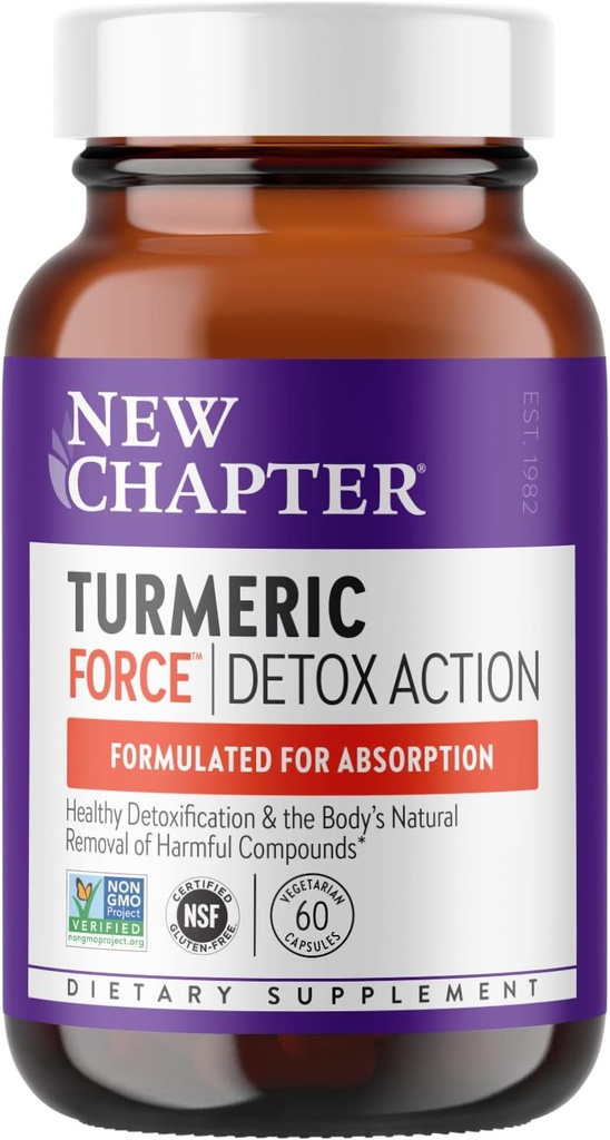 Yeni Bölüm Turmeric Supplement + Daily Detox Turmeric Force Detox Action with Green Tea + Ginger + NO Black Pepper Needed + NonGMO Malzemeler Vegetarian Capsule, 60 Count