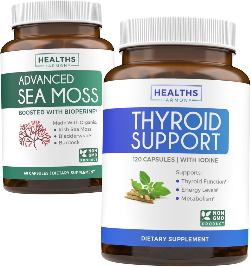 Tiroid Desteği ve Deniz Moss'un Tanıtımı - Deniz Moss Tiroid Bakım Paketi - Iodine (120 Caps) ve İrlandalı Deniz Moss Capsules - Raw Vegan Supplement with BioPerine (Non-GMO & Organik)