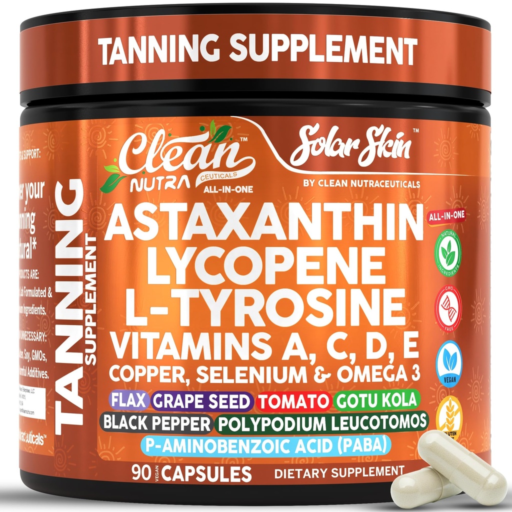 Solar Skin Astaxanthin Tanning Supplement Lycopene L-Tyrosine Vitamins A C D E, PABA Beta Carotene Selenium Grapeseed Extract Omega 3 Flax Seed Copper Capsules By Clean Nutra
