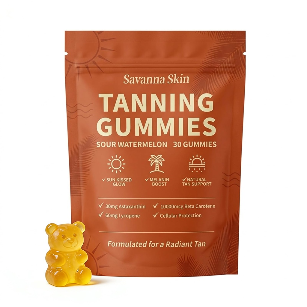 tebazoew Savanna Skin Tanning Gummies, with Astaxanthin, Beta-Carotene, Lycopene & Vitamins, Radiant Healthy Skin Natural Looking Glow, Bronzing, Non-GMO & Vegan