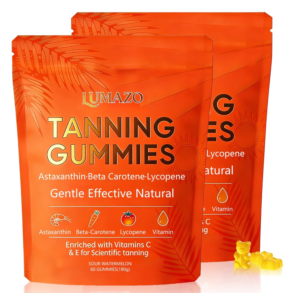 Skin Tanning Gummies, with Astaxanthin, Beta-Carotene, Lycopene & Vitamins, Radiant Healthy Skin, for a Natural, Golden Tan from Within, No Sun Required, 60 Count (2pcs)
