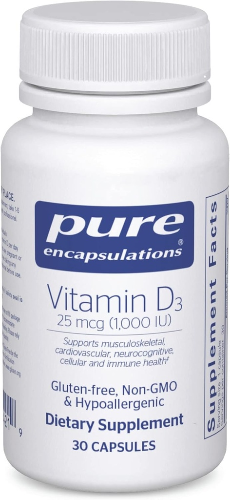 Pure Encapsulations D3 25 mcg (1.000 IU) - Bone, Joint, Meme, Heart, Colon & Immune Health - Premium Vitamin D - 30 Capsules
