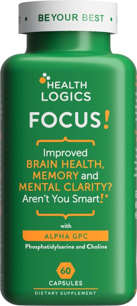 Health Logics Focus! - Συμπλήρωμα εγκεφάλου για Μνήμη, Καθαρότητα, Συγκέντρωση με Χολίνη, Ginkgo Biloba, Alpha GPC, Phosphatidylserine, Bacopa Monnieri l 60 Κάψουλες l Μη ΓΤΟ