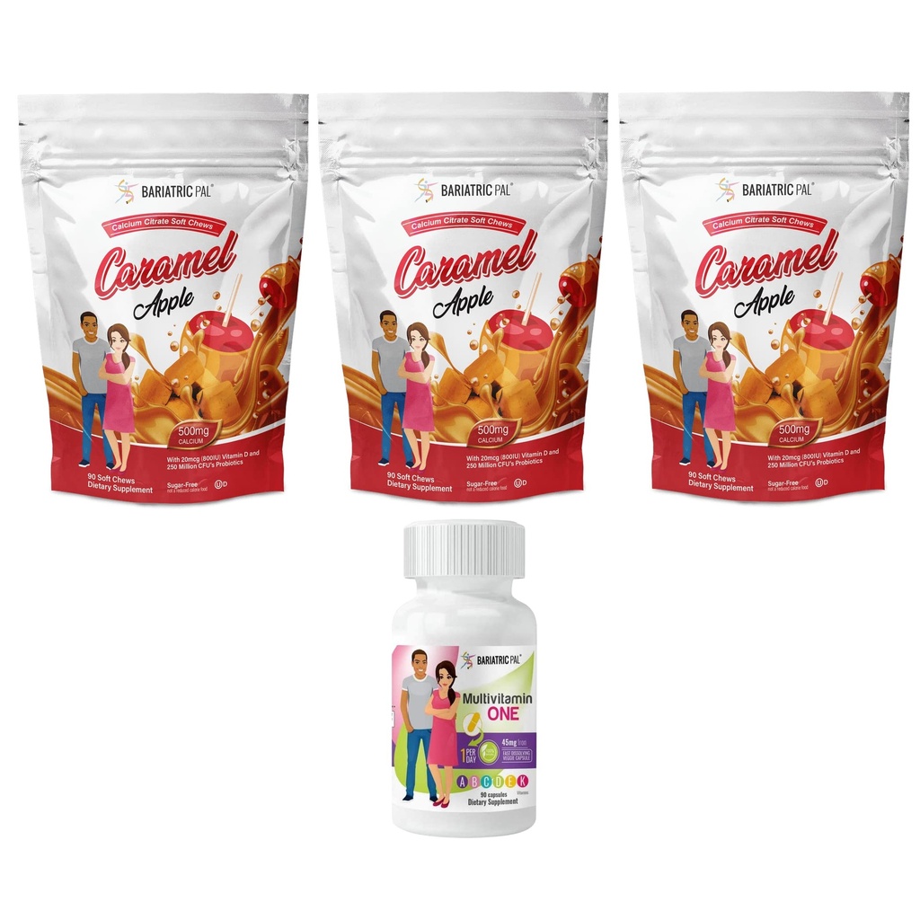 BariatricPal 90-Day Bariatric Vitamin Bundle (Πολυβιταμίνη 1 ανά ημέρα! Καψάκιο με 45 mg Σιδήρου και ασβεστίου κιτρικό μαλακό μάσημα 500mg με προβιοτικά - Caramel Apple)
