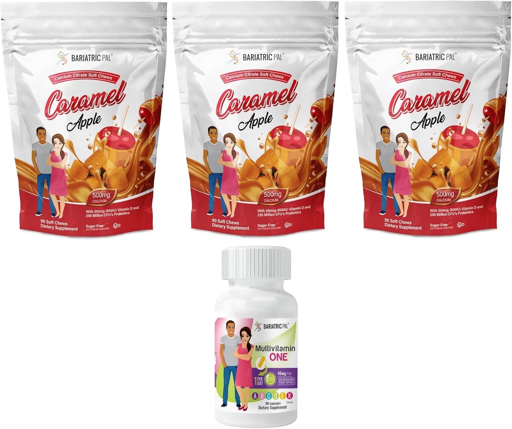 BariatrikPal 90 günlük Bariatrik Vitamini (Günde BİR 1 Vitamini) 45 mg Demir ve Kalsiyum Citrate Soft Chews 500 mg Probiyotiks - Caramel Apple)