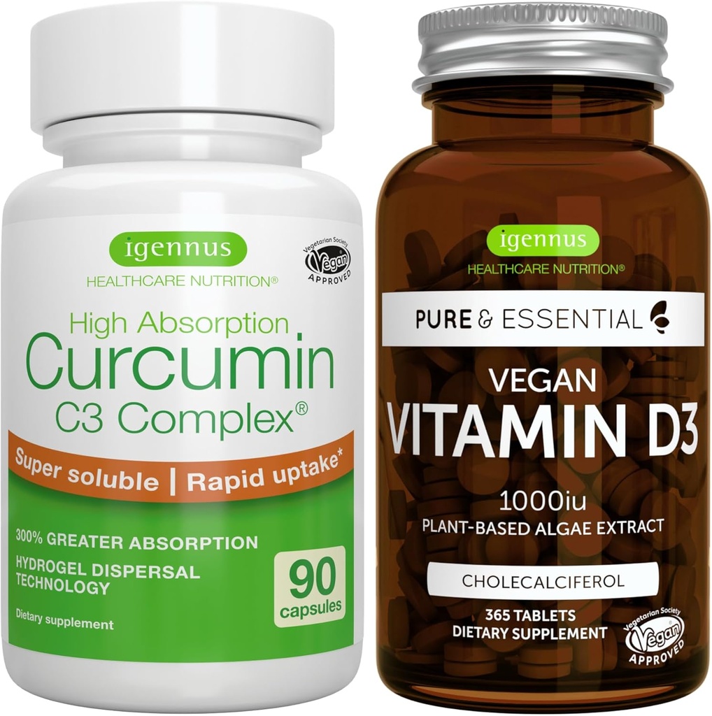 Vegan D3 + Yüksek Abpole Curcumin C3 Kompleksi, Vegan Sche, 365 1000iu Vitamin D3 Tablet + % 300 Greater Abpole Curcuminoids with Rapid Uptake, by Igennus